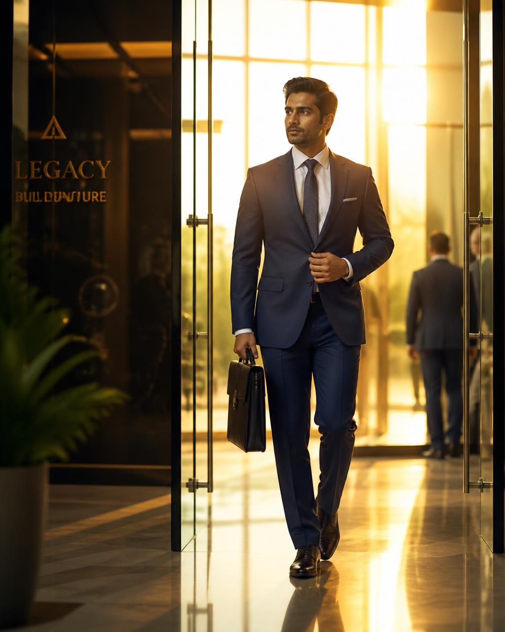 Professional walking confidently into a new workplace